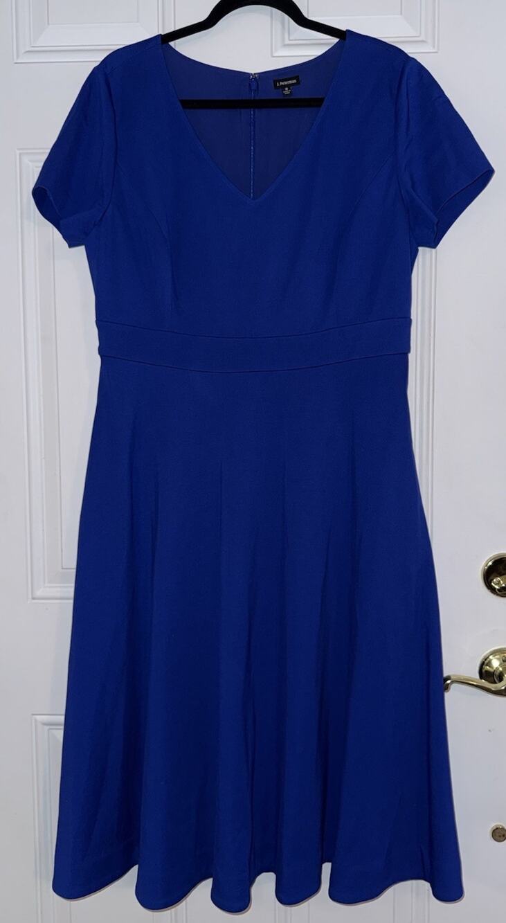 J Peterman Dress 16 Royal Blue V Neck Short Sleeve Back Zip NWOT